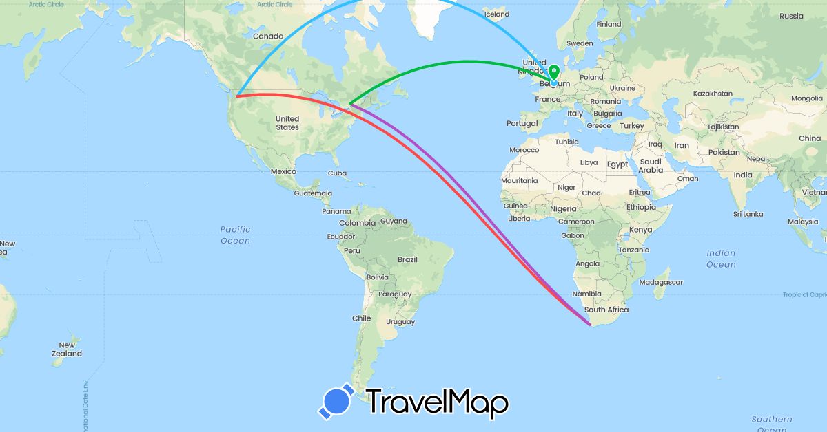 TravelMap itinerary: bus, train, hiking, boat, hitchhiking in Belgium, Canada, United States, South Africa (Africa, Europe, North America)
